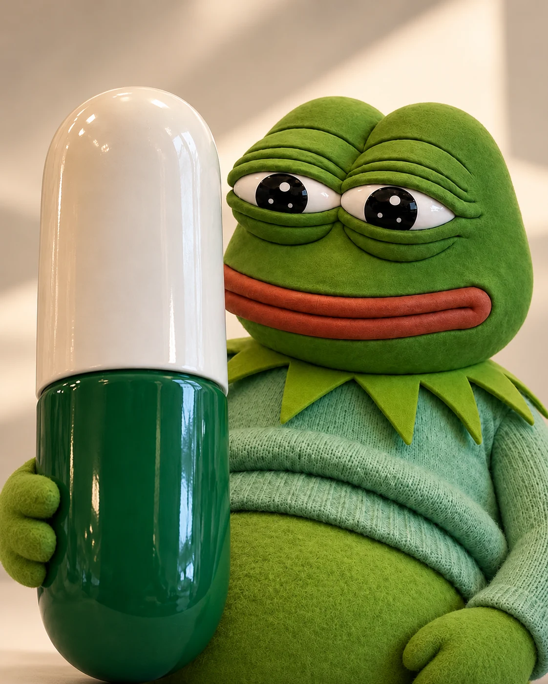Plush Pepe presenting an oversized white-and-green capsule
