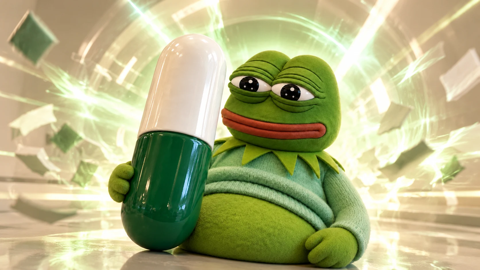 Plush Pepe calmly holding a giant capsule while the studio erupts with green-white energy